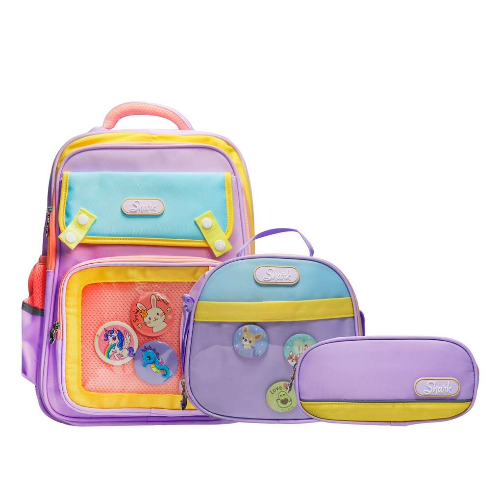 Set de Morral Lonchera y Cartuchera Shark Lila 40x30x14cm