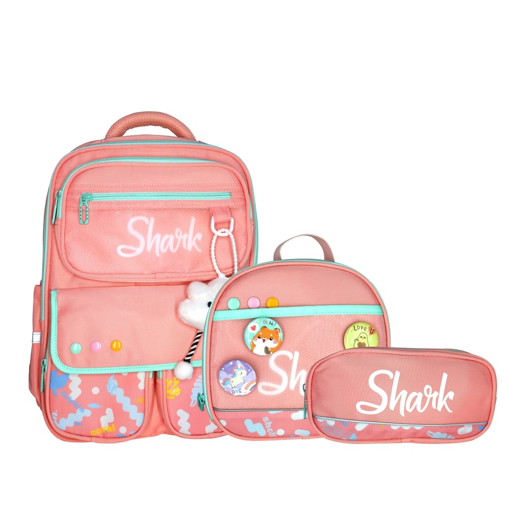 Set de Morral Lonchera y Cartuchera Shark Pink 40x30x14cm