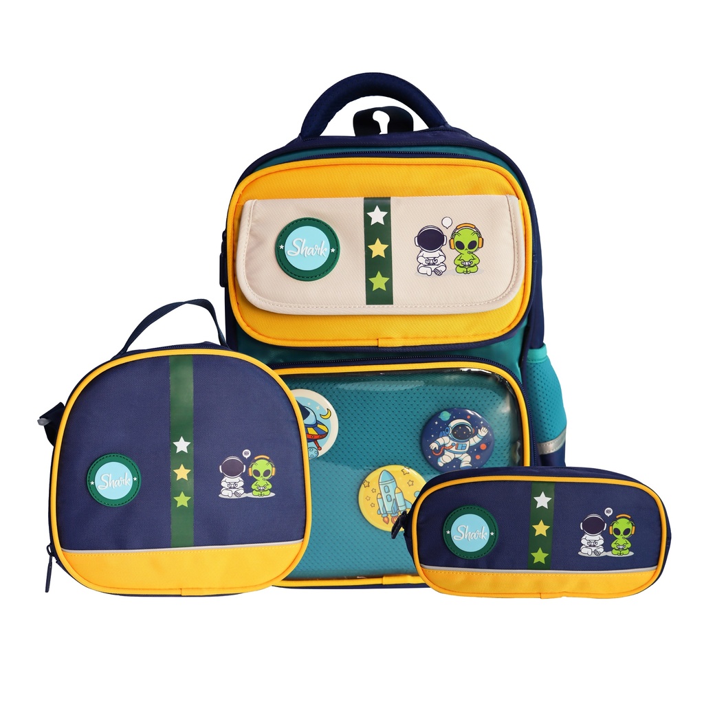 Set de Morral Lonchera y Cartuchera Shark Space 38x29x14cm