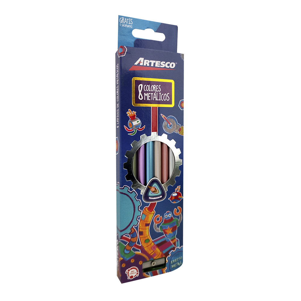 Colores Artesco Metalicos Triangular + Sacapuntas x 8 Unidades