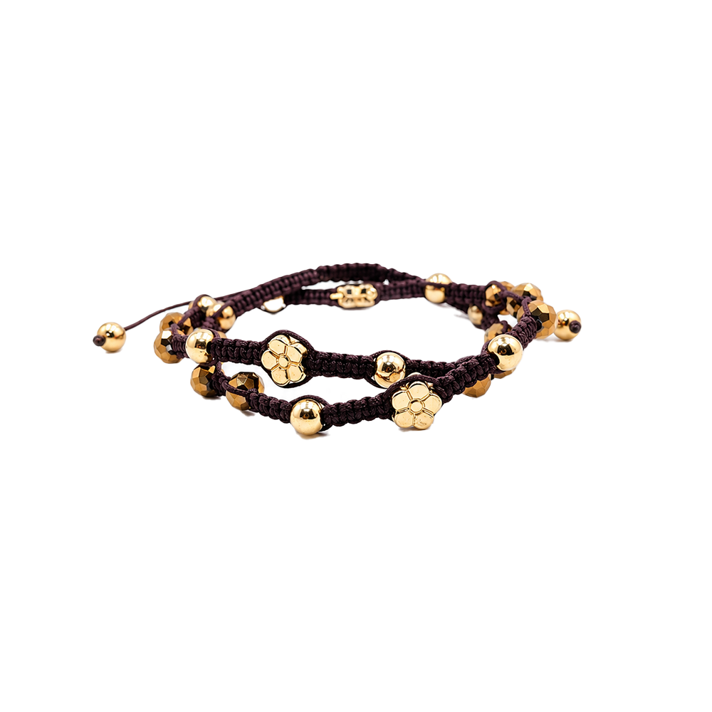 Pulsera Cavara Doble Cristales Tejida Marrón