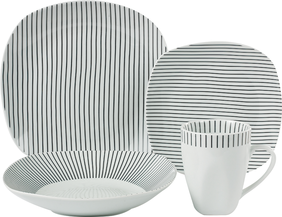 Vajilla Espiral Cuadrada Lineas Finas Negras 16 Piezas