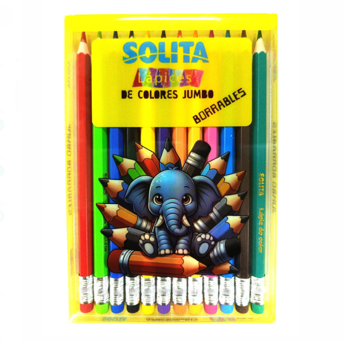 Lápices de Colores Jumbo Solita Borrables de Resina 12 Piezas