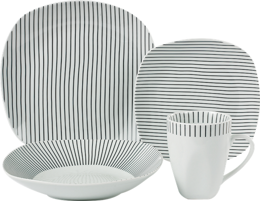[2001035] Vajilla Espiral Cuadrada Lineas Finas Negras 16 Piezas