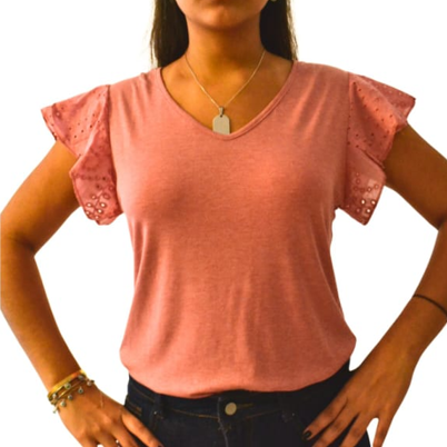 [4591038] Blusa de Algodon SK Casual con Mangas de Encaje Talla Unica Rosado